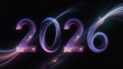 The year 2026 is depicted in a cosmic, sparkling, and ethereal style