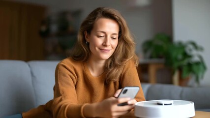 Caucasian woman controlling a robotic vacuum cleaner via smartphone lounging on a sofa her living room sleek and modern smart home control robotic vacuum modern technology - Powered by Adobe