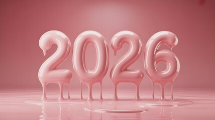 Pink balloon 2026 year with dripping paint effect on a monochrome background