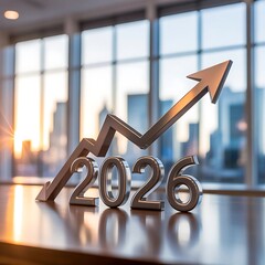 The year 2026 with an arrow pointing upwards in a bright office