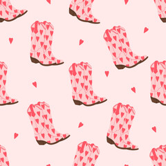 Cowgirl boots and heart seamless pattern. Wild west, western trendy design. Cowboy boots. Hand drawn pink vector illustration