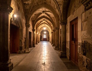 Fototapeta premium Long, arched hallway with stone columns and soft lighting leading to a door