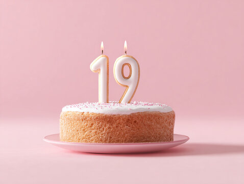 Celebrating 19 years with a delightful cake featuring candles on a pink background