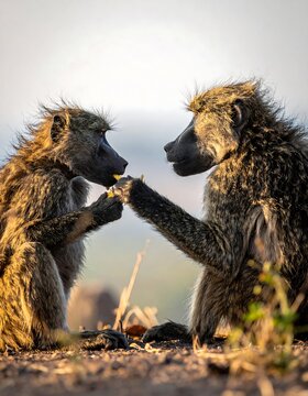 Two primates sharing a treat in golden sunlight
