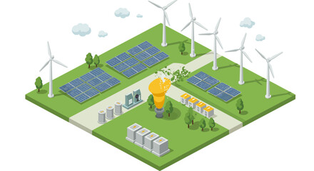 Sustainable energy park with wind turbines, solar panels, and battery storage