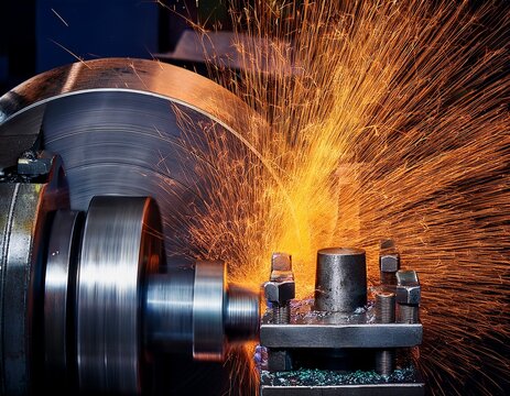 Metalworking Process: A close-up shot of a metal lathe in action, creating a shower of vibrant sparks.
