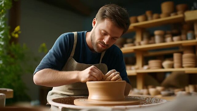 Caucasian man carving patterns into a clay pot on a pottery wheel hands precise surrounded by shelves of unfinished ceramics pottery pattern carving clay artistry ceramic work