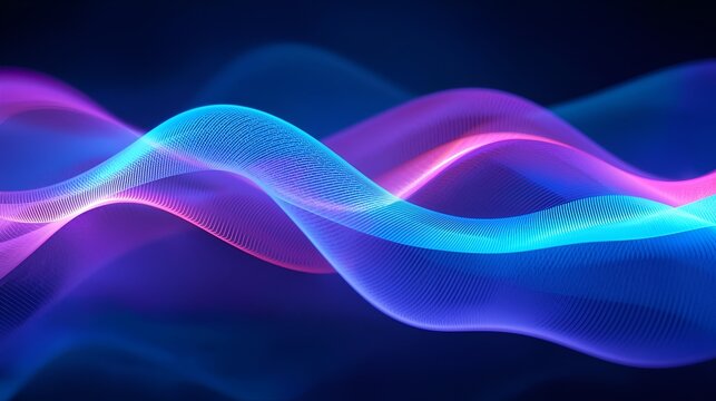 Abstract glowing neon wave lines of blue and purple light creating a futuristic digital sound wave pattern on a dark background