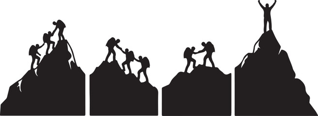 Illustration of silhouetted team of hikers climbing up a mountain