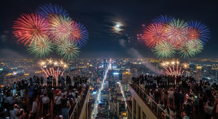 Obraz premium A vibrant fireworks display over a city skyline at night, with colorful fireworks illuminating the sky and a moon visible in the background.