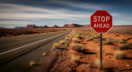 Desert Highway And Red Stop Sign Against Rocky Landscape With A Stunning Daytime Sky