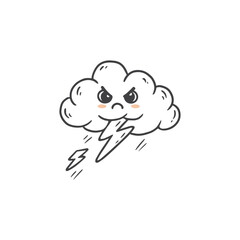 Cartoon angry cloud and thunder. Weather Icon isolated on white. Rain storm cloud in doodle style. Bad weather. Vector illustration