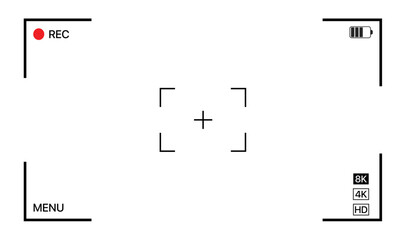 Camera frame viewfinder screen of video recorder, recording video screen, display full hd format, digital display interface. Camera viewfinder, rec icon with information and timing, video screen