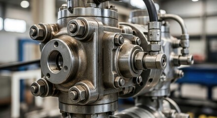 A close-up of a metallic valve with a hose connected to it in a factory setting.