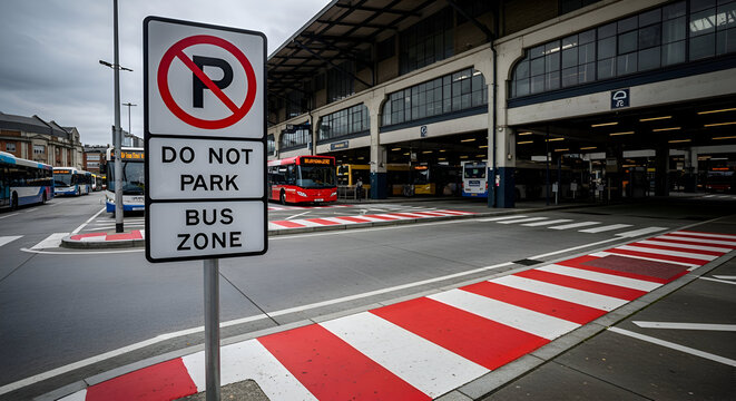 Bus Station Zone: Prohibition Sign Indicates Parking Restrictions in Urban Transportation Hub