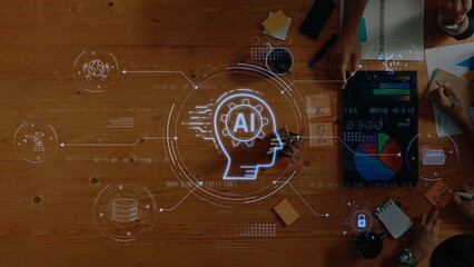 Engaging portrayal of AI technology concept on wooden table showcasing data analysis and teamwork...