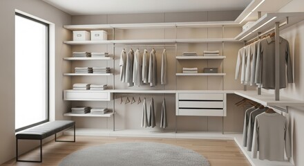 Spacious walk-in closet with modern shelving and hanging storage featuring natural light and a bench seat