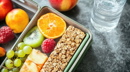 A healthy lunch box with fruits, granola bars, and water. The concept of a balanced meal.