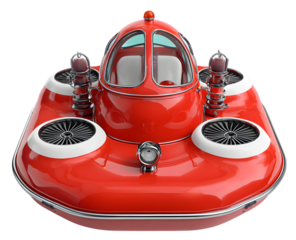 Front view of a red hovercraft with turbines isolated on transparent background