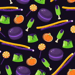 Halloween seamless pattern with sweets including colorful lollipops, purple macarons, pumpkin cookies, jellies, finger cookies with bones isolated on dark background.