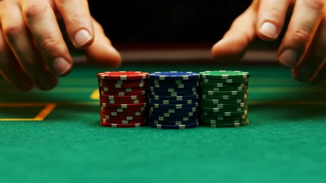 A poker player's hands push stacks of red blue and green chips to the center of a green felt table making an all in bet