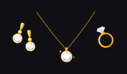 Vector illustration of golden jewelries with diamonds isolated on a black background, including a pair of earrings, a necklace, and a ring. 
