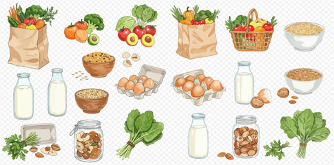 A comprehensive collection of fresh and healthy groceries, including vegetables, fruits, grains, dairy, eggs, and nuts, arranged on a white background.