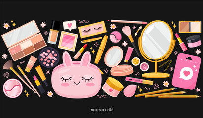 Vector art illustration of makeup products on a black background, with makeup bag, various cosmetics such as eyeshadow palettes, foundation, lipstick, mascara, brushes, a mirror, and other accessories