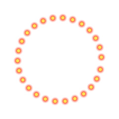 Glowing yellow orange circle of led lights forming a bright round border and illuminated frame with neon light ring and abstract circular retro aura on transparent background