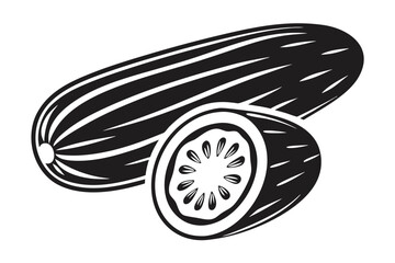 Monochrome Cucumber and Sliced Half with Seeds on White Background