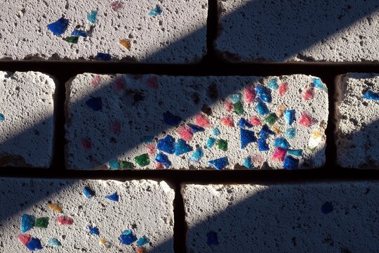 Grey bricks with colorful plastic fragments ecobrick sustainability concept in sunlight