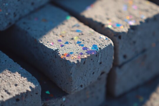 Grey bricks with colorful plastic fragments ecobrick sustainability concept in sunlight