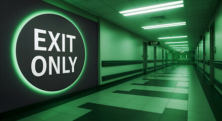 Emergency Exit Signage In Aligned Hallway, With Green Lighting, And Doors Ahead In The Facility