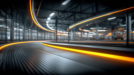 An illuminated conveyor path inside an automated facility, representing seamless logistics and the concept of smart manufacturing where robotics, tracking