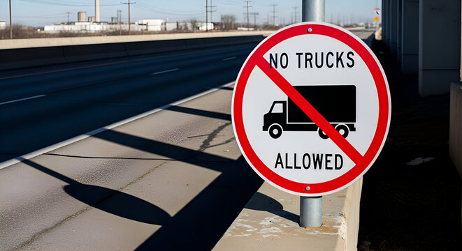 Circular Traffic Marker Prohibiting Truck Access Displayed Alongside A Highway - Powered by Adobe