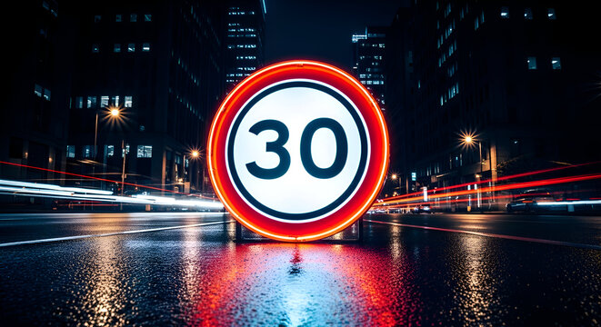 City Night Traffic With Speed Limit Sign Glowing: Urban Roadway At Dusk Visualization