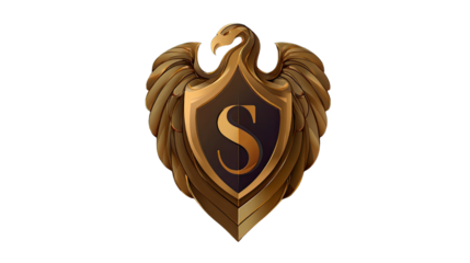 Golden eagle shield emblem with initial s on transparent background