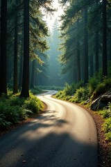 Fototapeta premium Serene Winding Road Through a Sun-Dappled Forest, Shadows Dancing on Asphalt