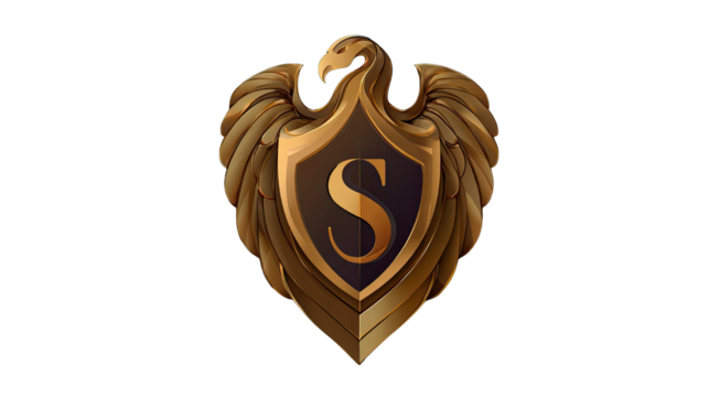 Golden eagle shield emblem with initial s on transparent background