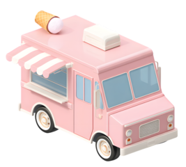 Pastel pink ice cream truck with a waffle cone on top isolated on transparent background