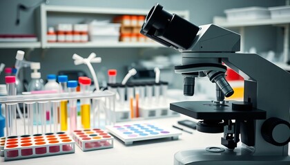 Microscope, slides, test tubes, and lab equipment in a medical laboratory,  hematology,  research