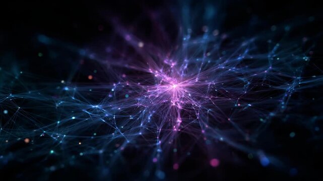 Abstract glowing neural network mesh in vibrant purple and blue tones on dark background, representing digital connections and technology