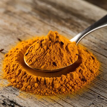 Ground turmeric powder in spoon on wooden cutting board