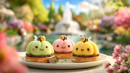 Adorable dessert trio with cute smiling faces and tiny bees in a vibrant park setting ideal for springtime treats and whimsical delights