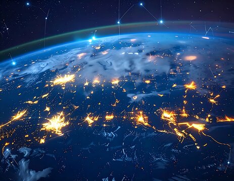 Illuminated night view of the Earth from space, with city lights glowing