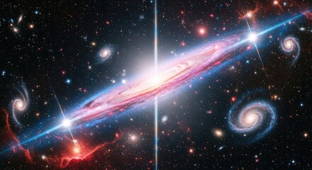 Obraz premium A vibrant galaxy with a central bright star and multiple smaller stars and galaxies in the background.