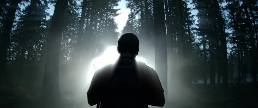 Silhouette of a hunter in misty forest with backlit trees and mysterious atmosphere