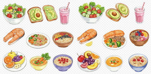 A vibrant collection of healthy and nutritious food items including salads, avocado toast, salmon, fruit, and grain bowls, perfect for a balanced diet.