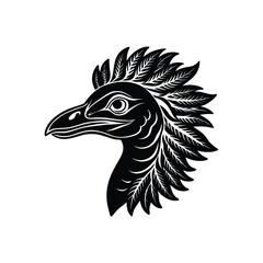 Deinocheirus head with feathered crest and leafy accents vector art illustration