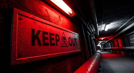 Danger Zone Illuminated: A Red Lit Tunnel with Keep Out Warning Sign